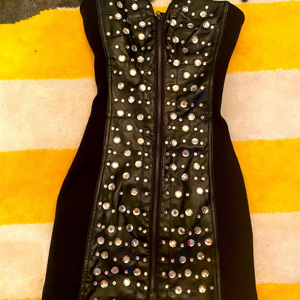 Sexy leather zip Swarovski Crystal little blk dres